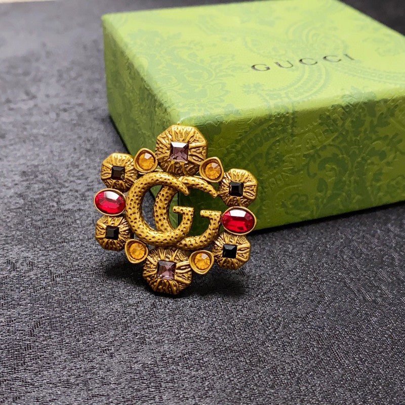 18K Double Gucci Flower Crystal Brooch Yellow Gold-Colour Hardware