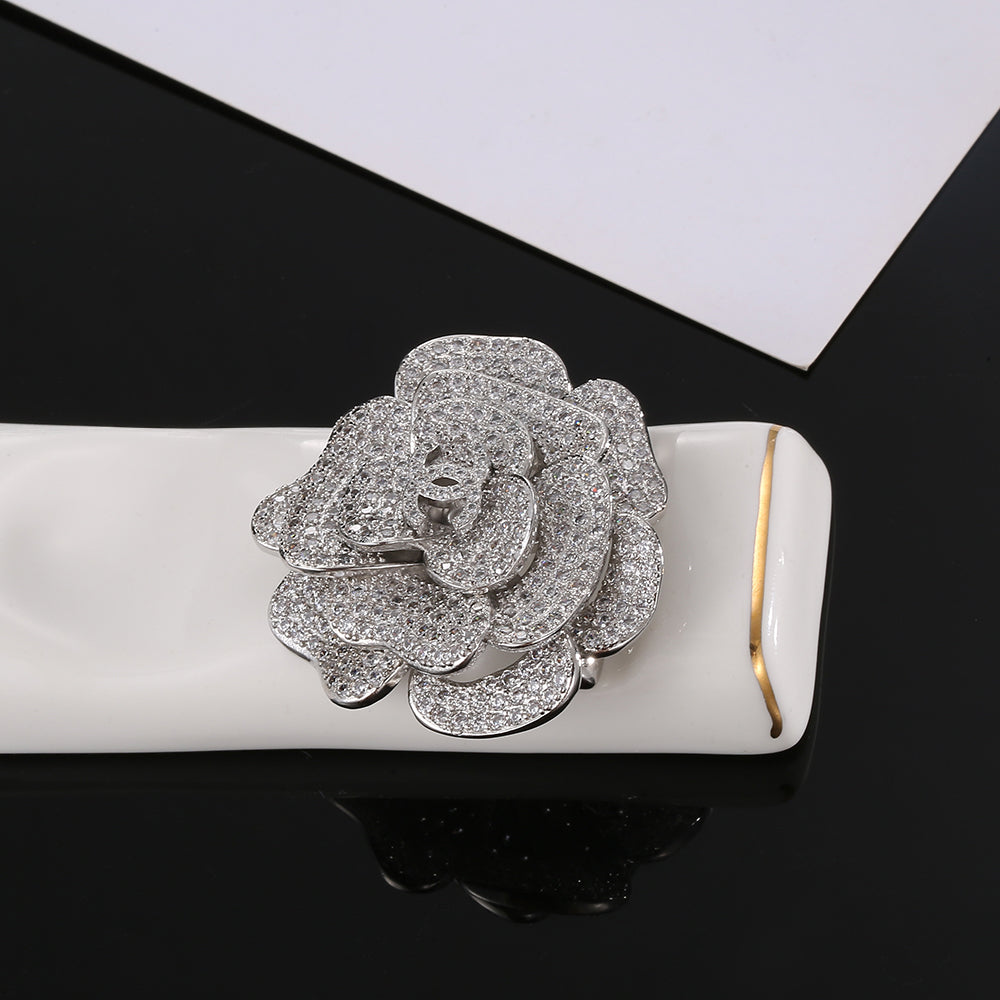 18K Chanel Camellia Diamonds Brooch White Gold-Colour Hardware