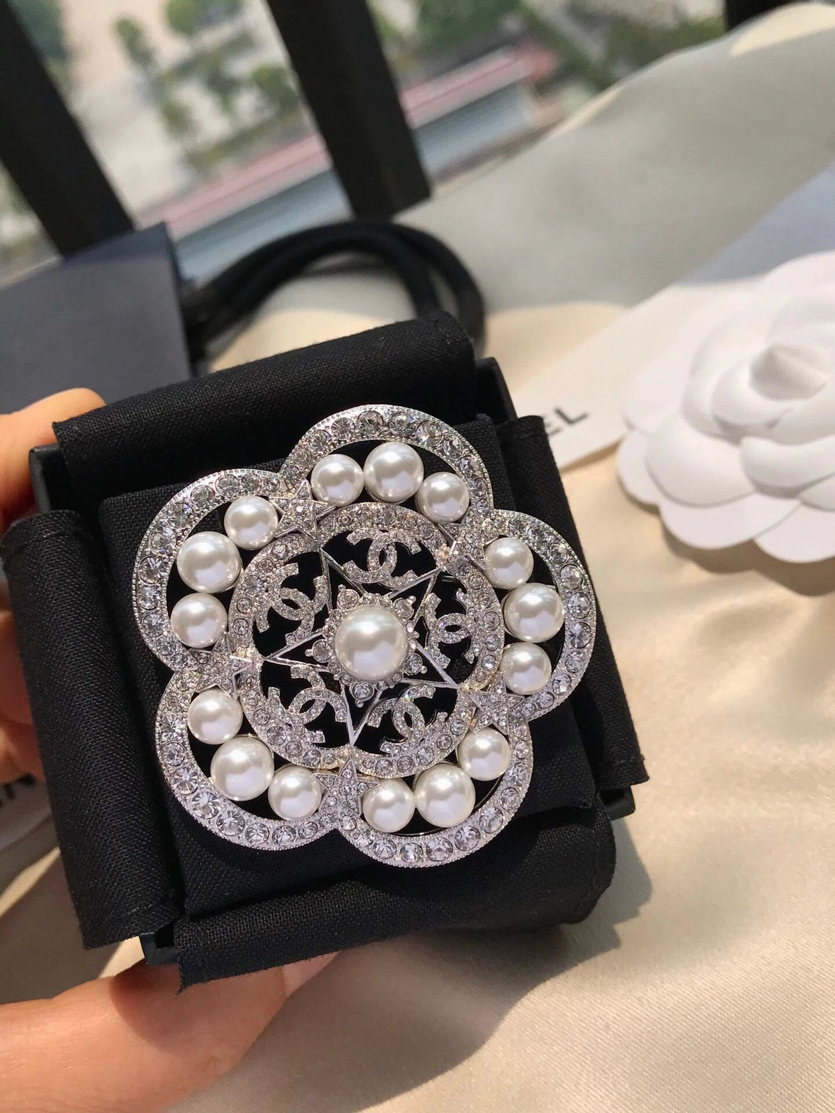 18K Chanel Camellia Pearls Brooch White Gold-Colour Hardware