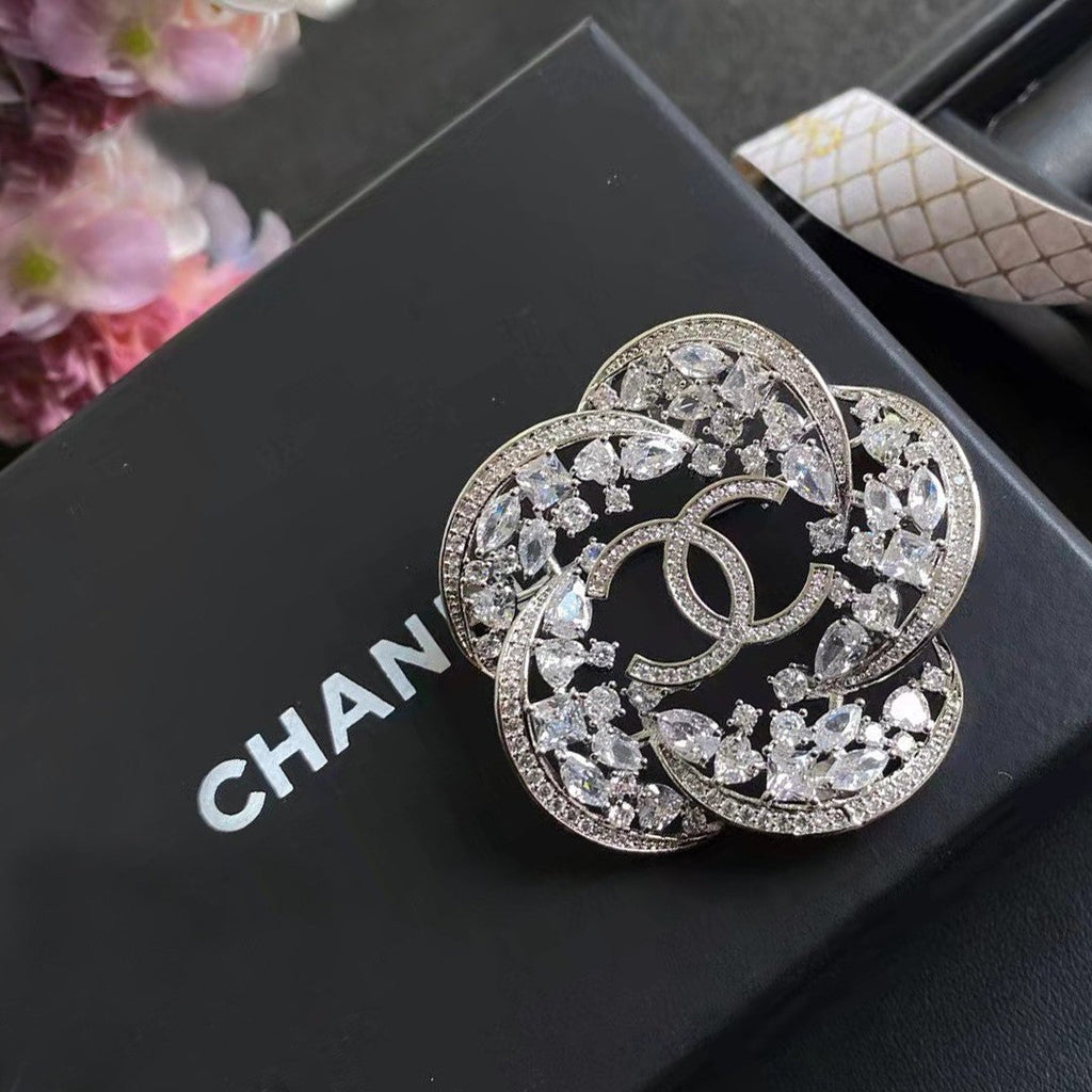 18K Chanel Camellia Crystals Brooch White Gold-Colour Hardware