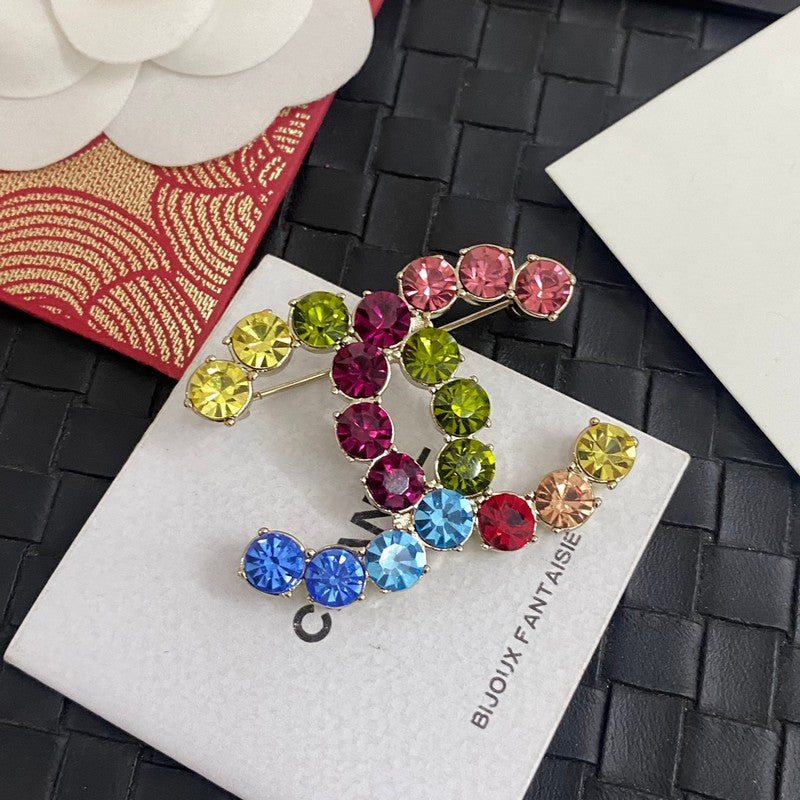18K Chanel Color Crystal Brooch Yellow Gold-Colour Hardware