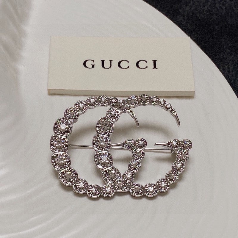 18K Double Gucci Crystal Brooch White Gold-Colour Hardware