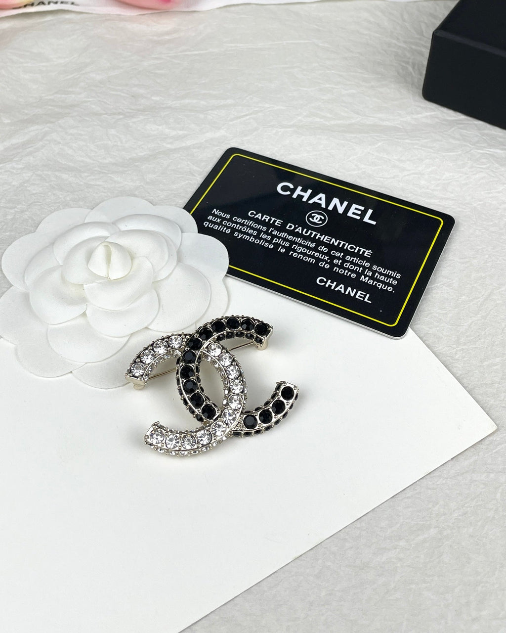 18K Chanel Black & White Crystals Brooch Yellow Gold Hardware