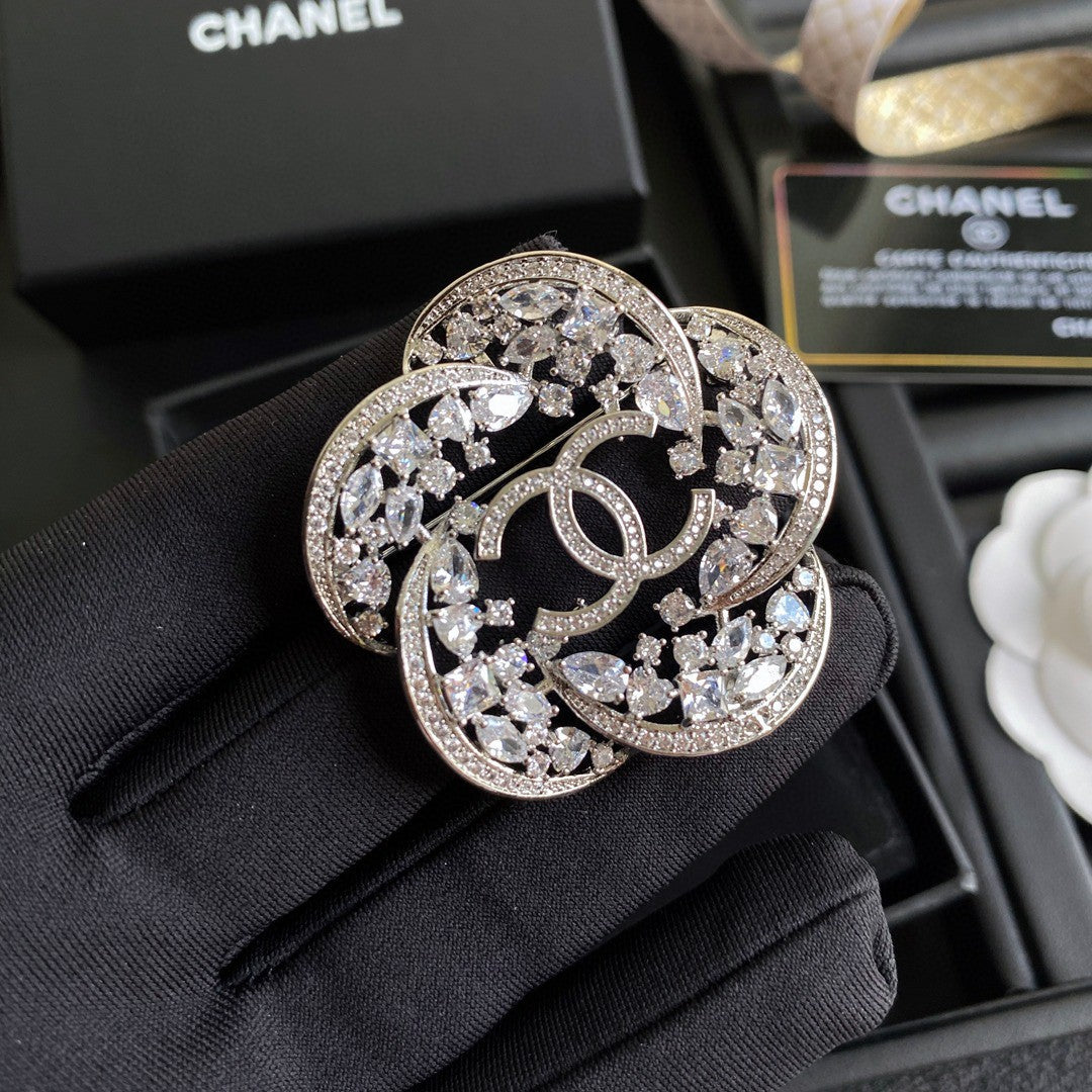 18K Chanel Camellia Crystals Brooch White Gold-Colour Hardware