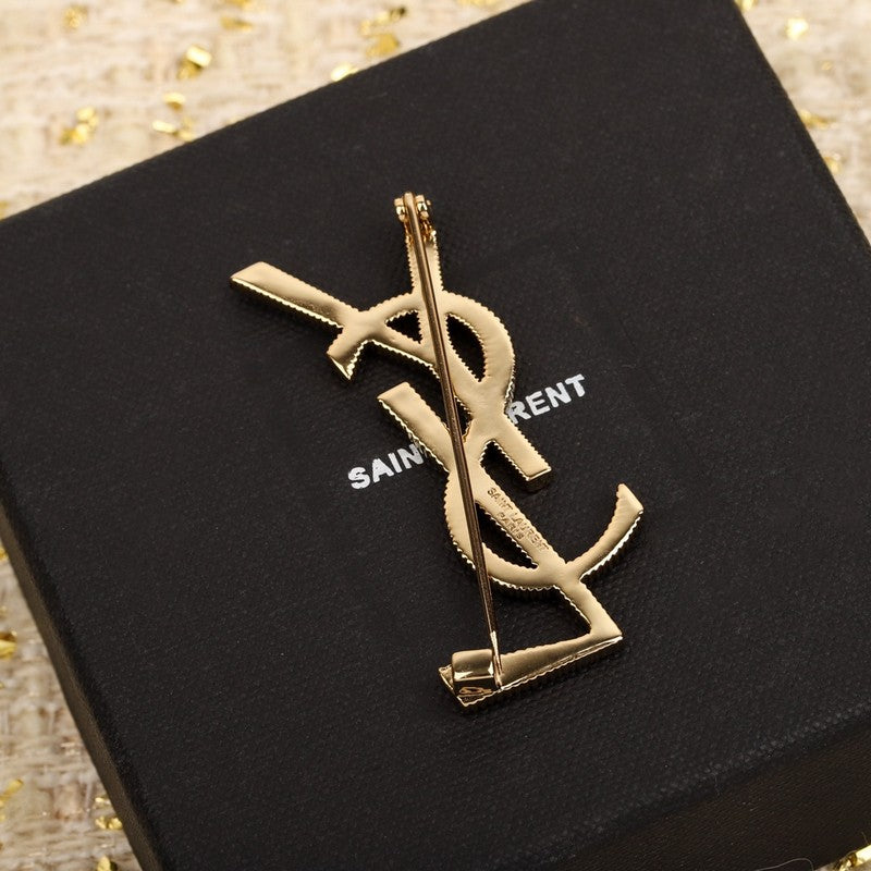 18K YSL Stripe Gold Brooch Yellow Gold-Colour Hardware
