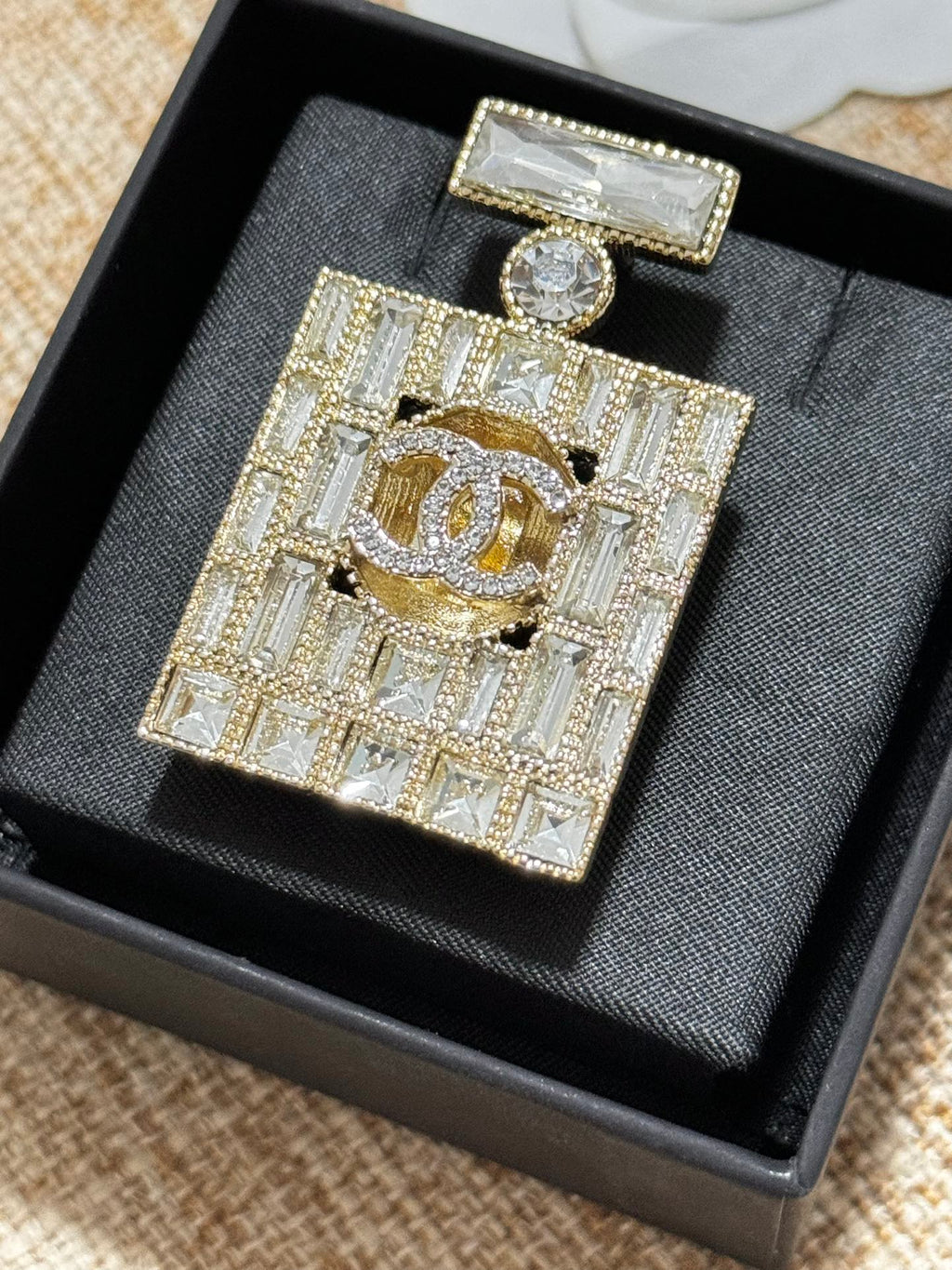 18K Chanel Perfume Bottle Crystals Brooch Yellow Gold-Colour Hardware