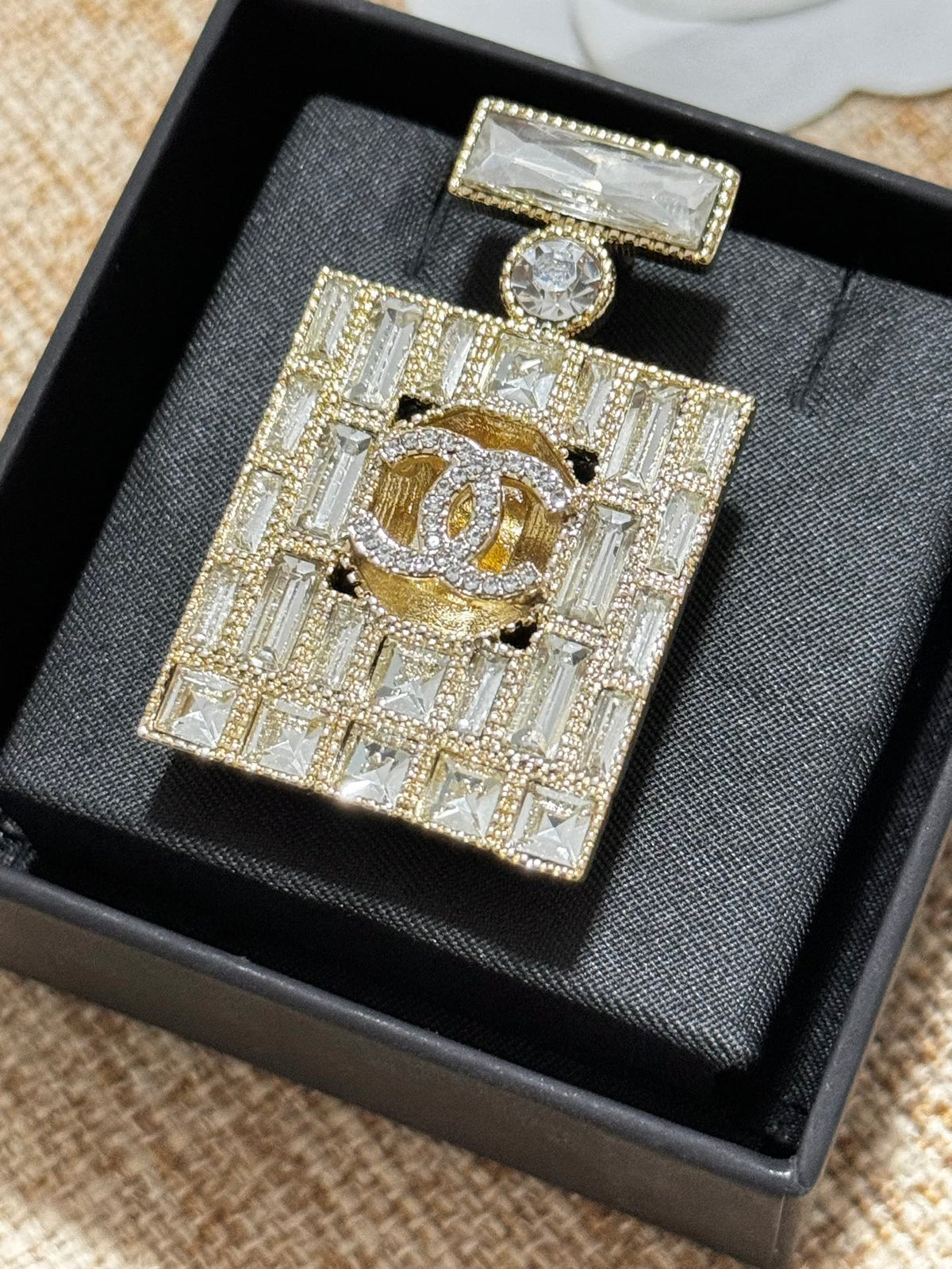 18K Chanel Perfume Bottle Crystals Brooch Yellow Gold-Colour Hardware