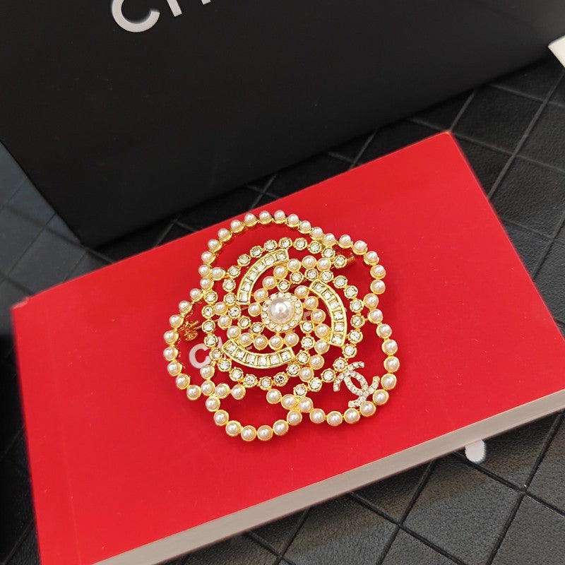 18K Chanel Camellia Pearl Brooch Yellow Gold-Colour Hardware