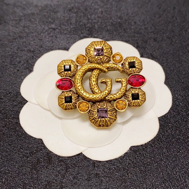 18K Double Gucci Flower Crystal Brooch Yellow Gold-Colour Hardware