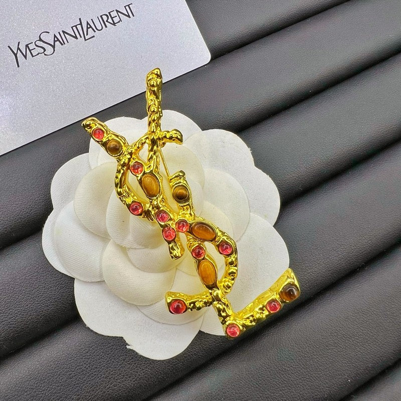 18K YSL Crystal Brooch Yellow Gold-Colour Hardware