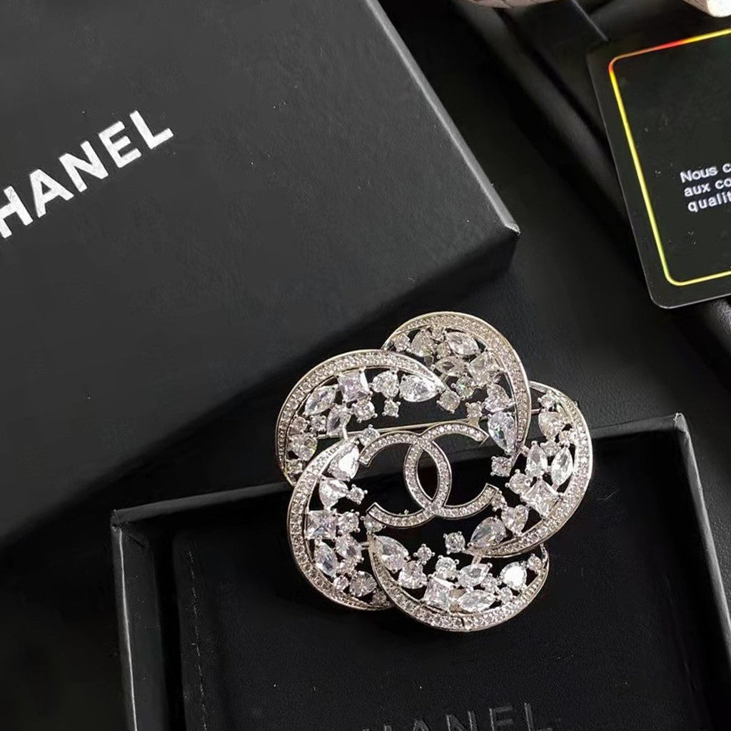 18K Chanel Camellia Crystals Brooch White Gold-Colour Hardware