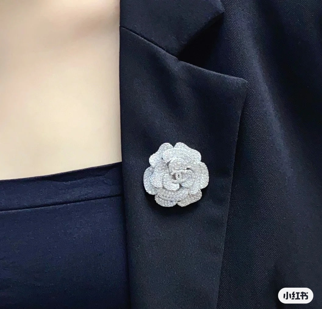 18K Chanel Camellia Diamonds Brooch White Gold-Colour Hardware