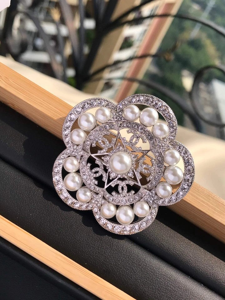 18K Chanel Camellia Pearls Brooch White Gold-Colour Hardware