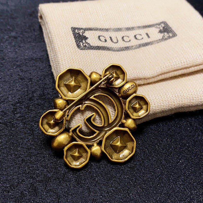 18K Double Gucci Flower Crystal Brooch Yellow Gold-Colour Hardware