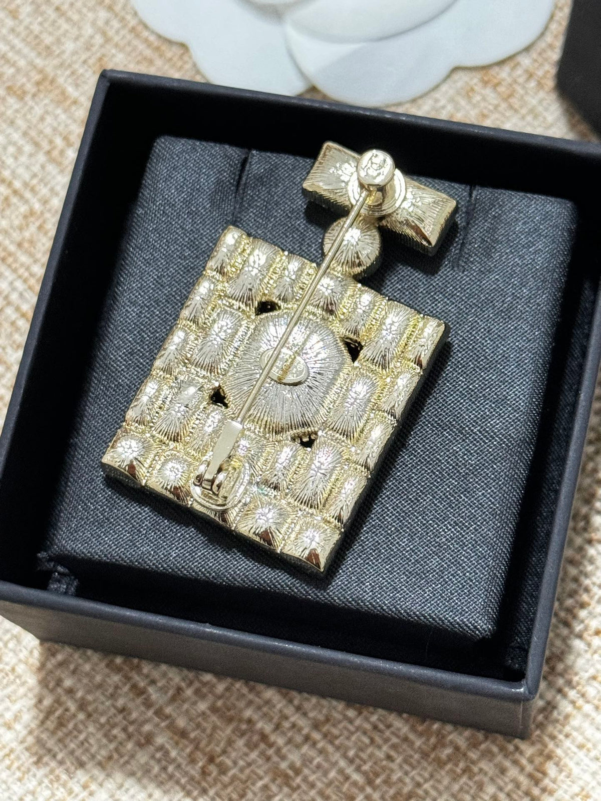 18K Chanel Perfume Bottle Crystals Brooch Yellow Gold-Colour Hardware