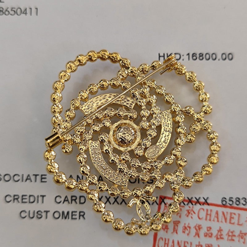 18K Chanel Camellia Pearl Brooch Yellow Gold-Colour Hardware