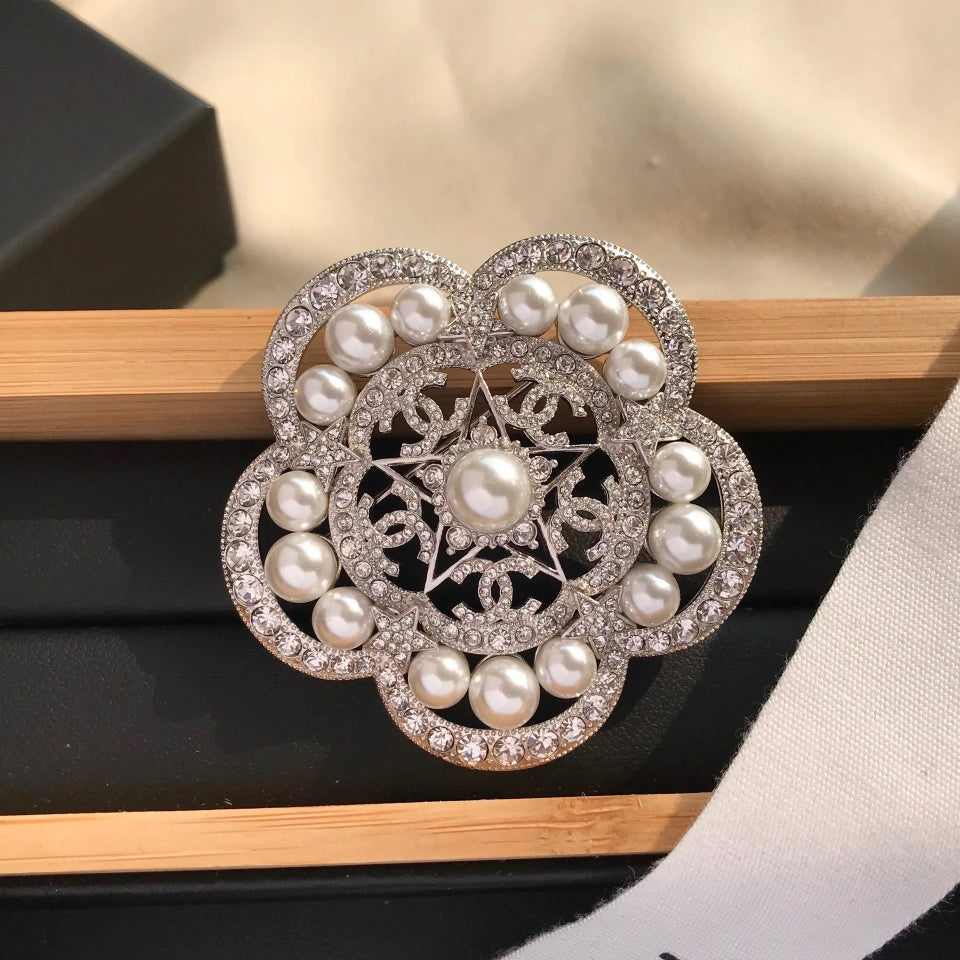 18K Chanel Camellia Pearls Brooch White Gold-Colour Hardware
