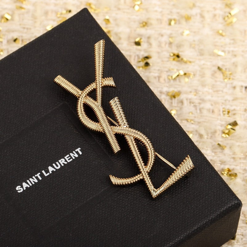18K YSL Stripe Gold Brooch Yellow Gold-Colour Hardware