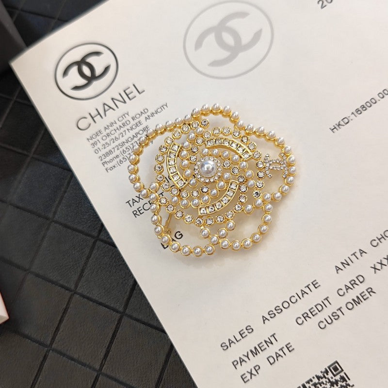 18K Chanel Camellia Pearl Brooch Yellow Gold-Colour Hardware