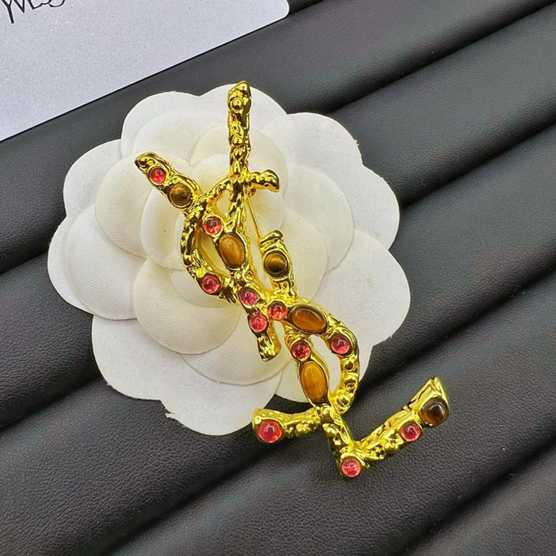 18K YSL Crystal Brooch Yellow Gold-Colour Hardware