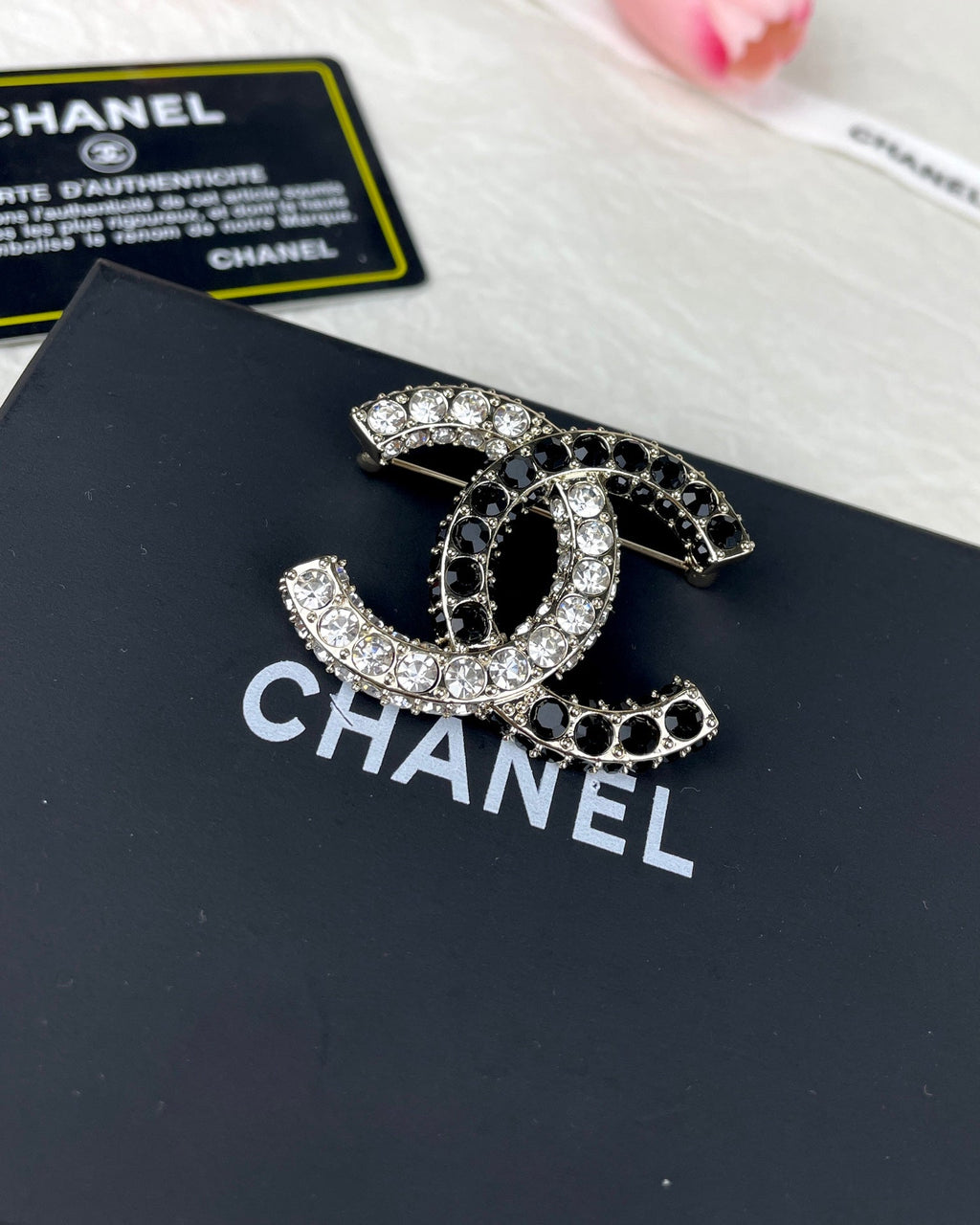 18K Chanel Black & White Crystals Brooch Yellow Gold Hardware
