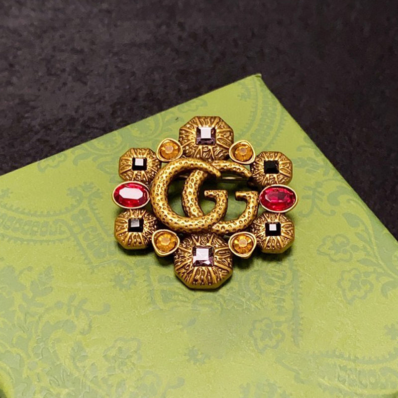 18K Double Gucci Flower Crystal Brooch Yellow Gold-Colour Hardware
