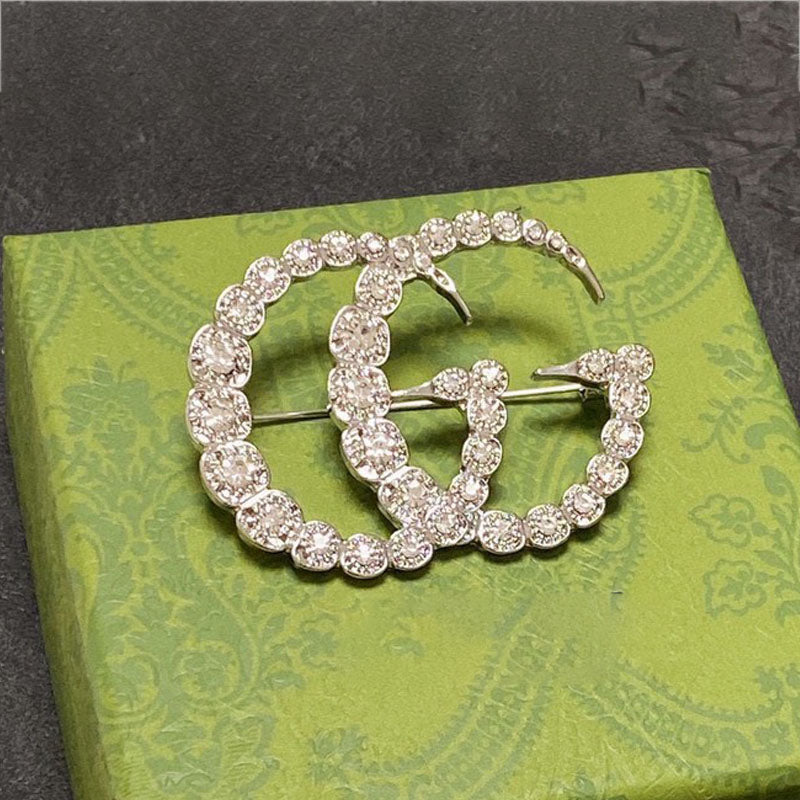 18K Double Gucci Crystal Brooch White Gold-Colour Hardware