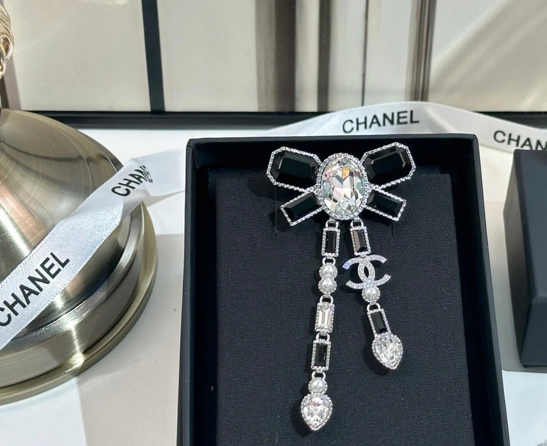 18K Chanel Bow Tie Crystals Brooch White Gold-Colour Hardware