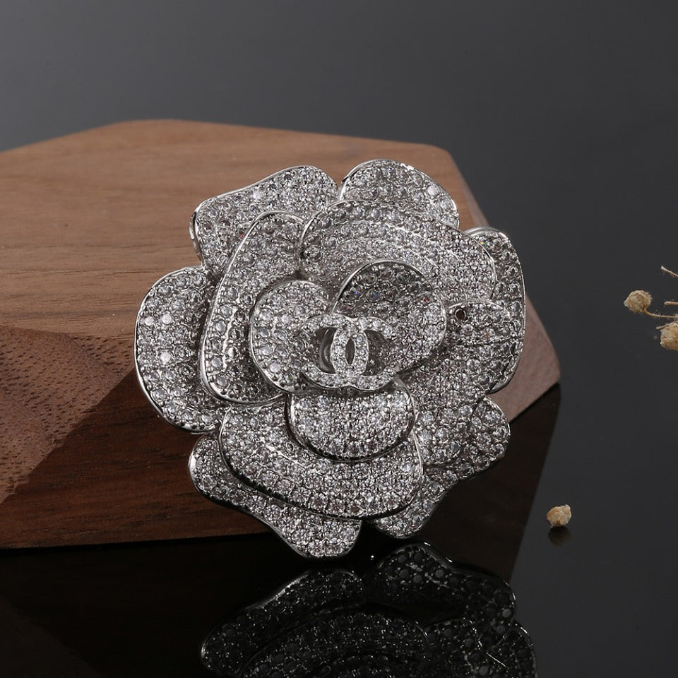 18K Chanel Camellia Diamonds Brooch White Gold-Colour Hardware