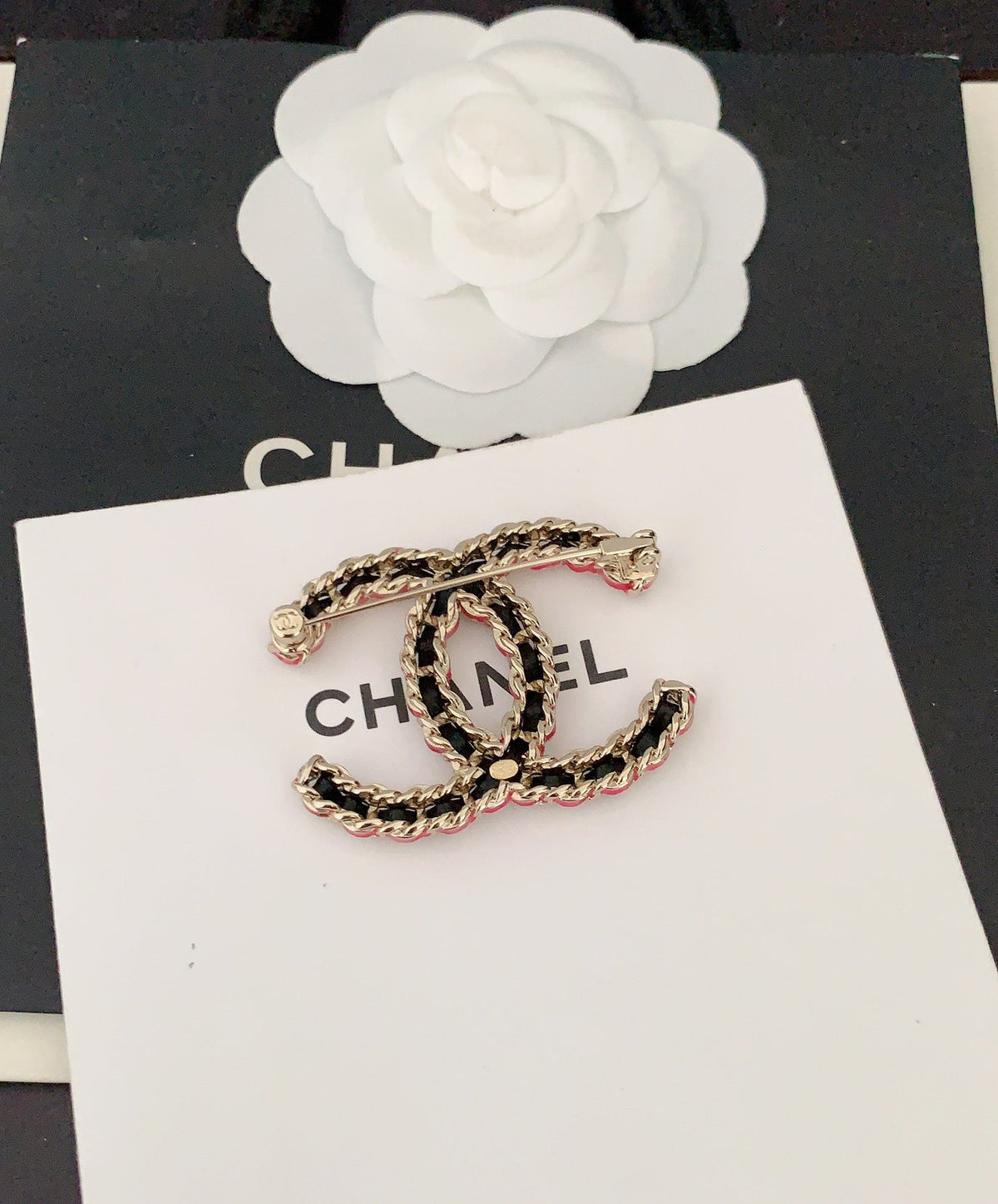 18K Chanel Leather Pink Brooch Yellow Gold-Colour Hardware