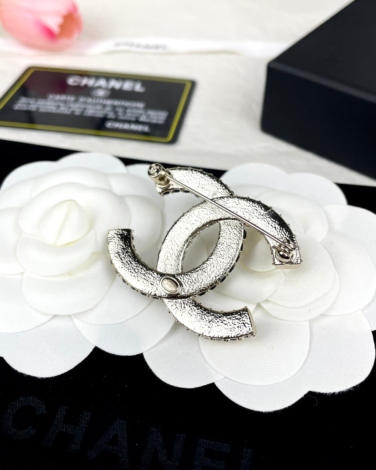 18K Chanel Black & White Crystals Brooch Yellow Gold Hardware