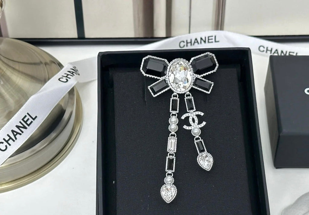 18K Chanel Bow Tie Crystals Brooch White Gold-Colour Hardware