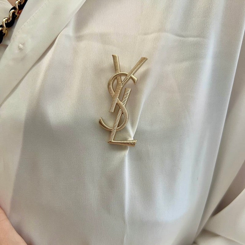 18K YSL Stripe Gold Brooch Yellow Gold-Colour Hardware