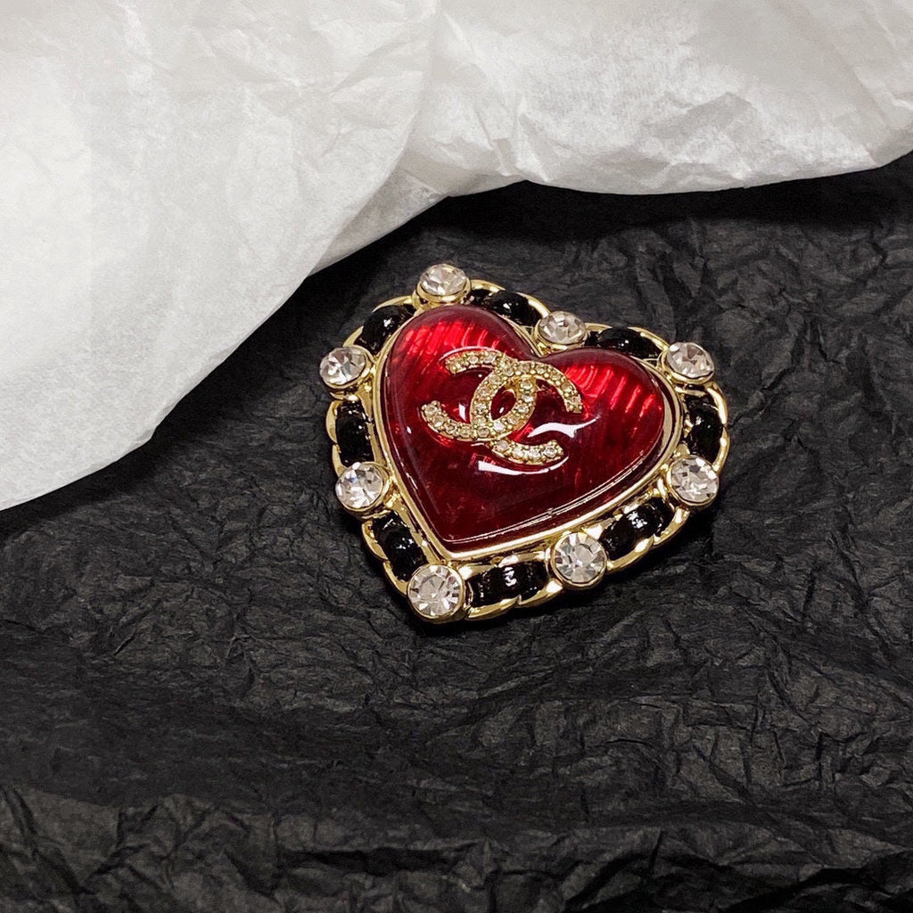 18K Chanel Red Crystal Heart Brooch Yellow Gold-Colour Hardware
