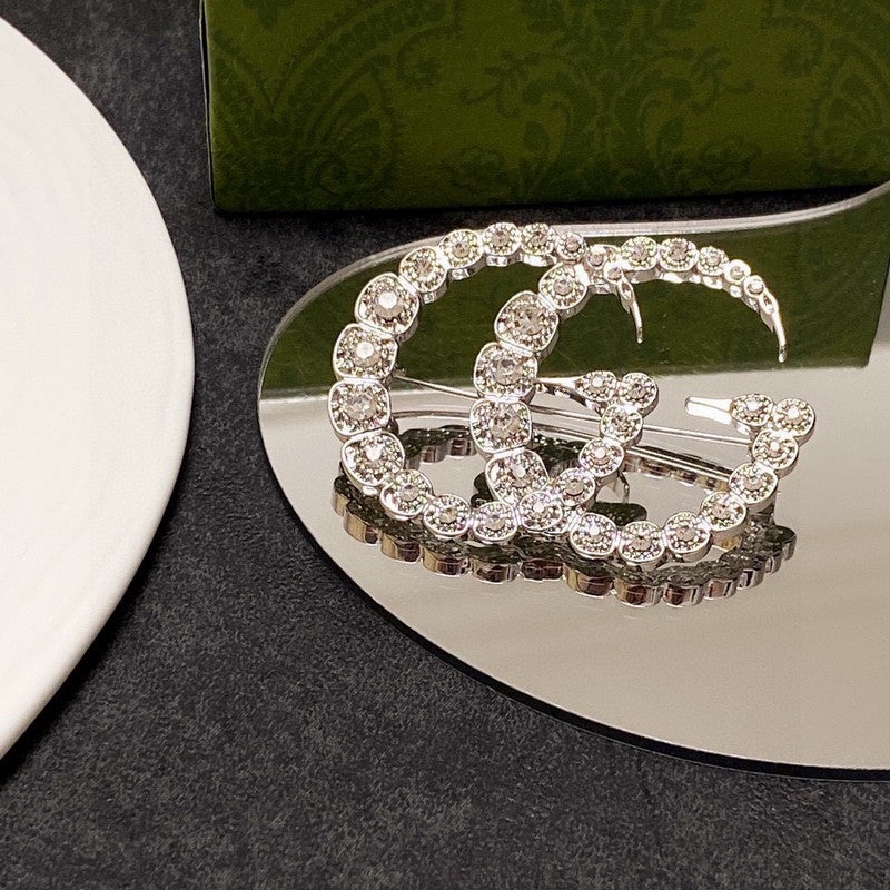 18K Double Gucci Crystal Brooch White Gold-Colour Hardware