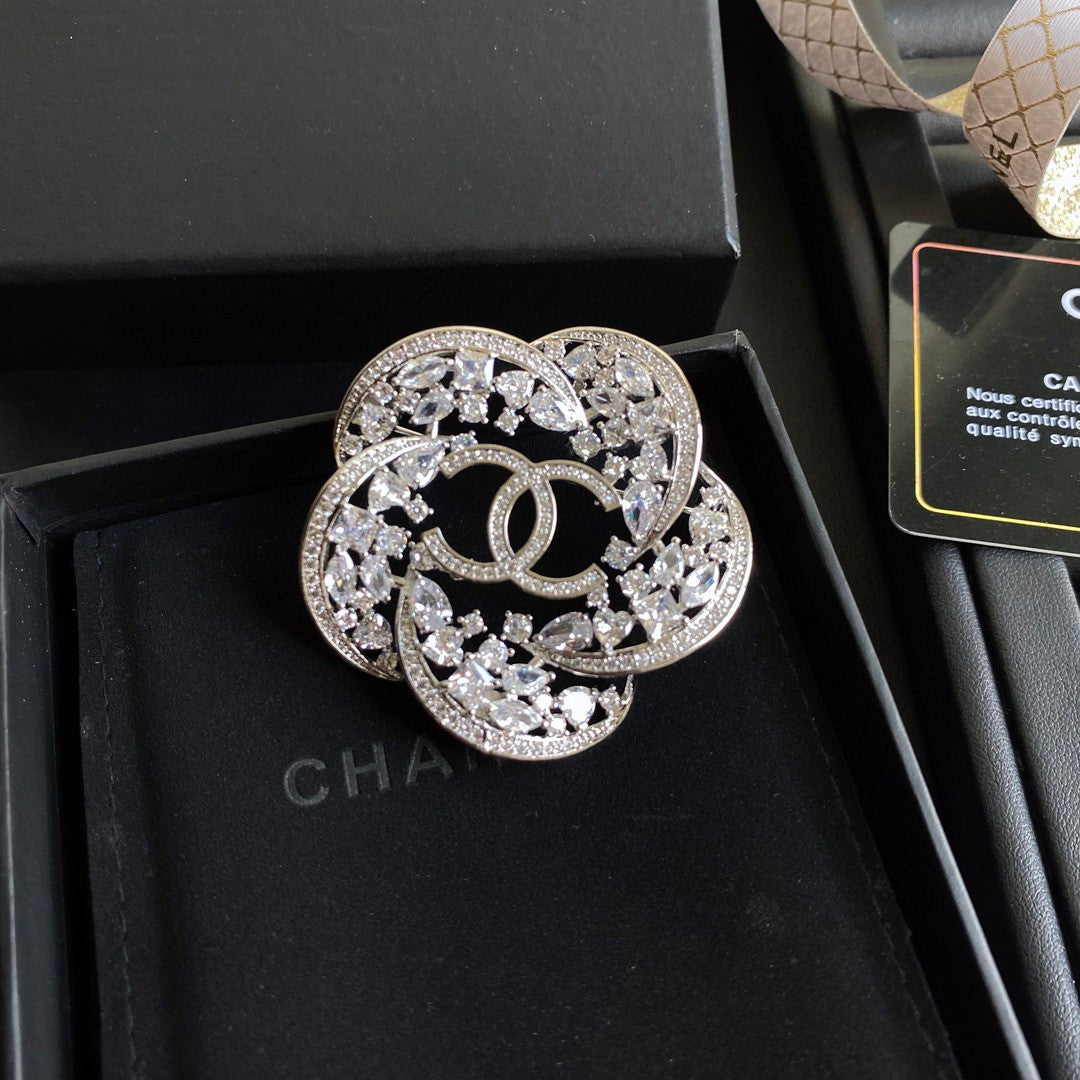 18K Chanel Camellia Crystals Brooch White Gold-Colour Hardware