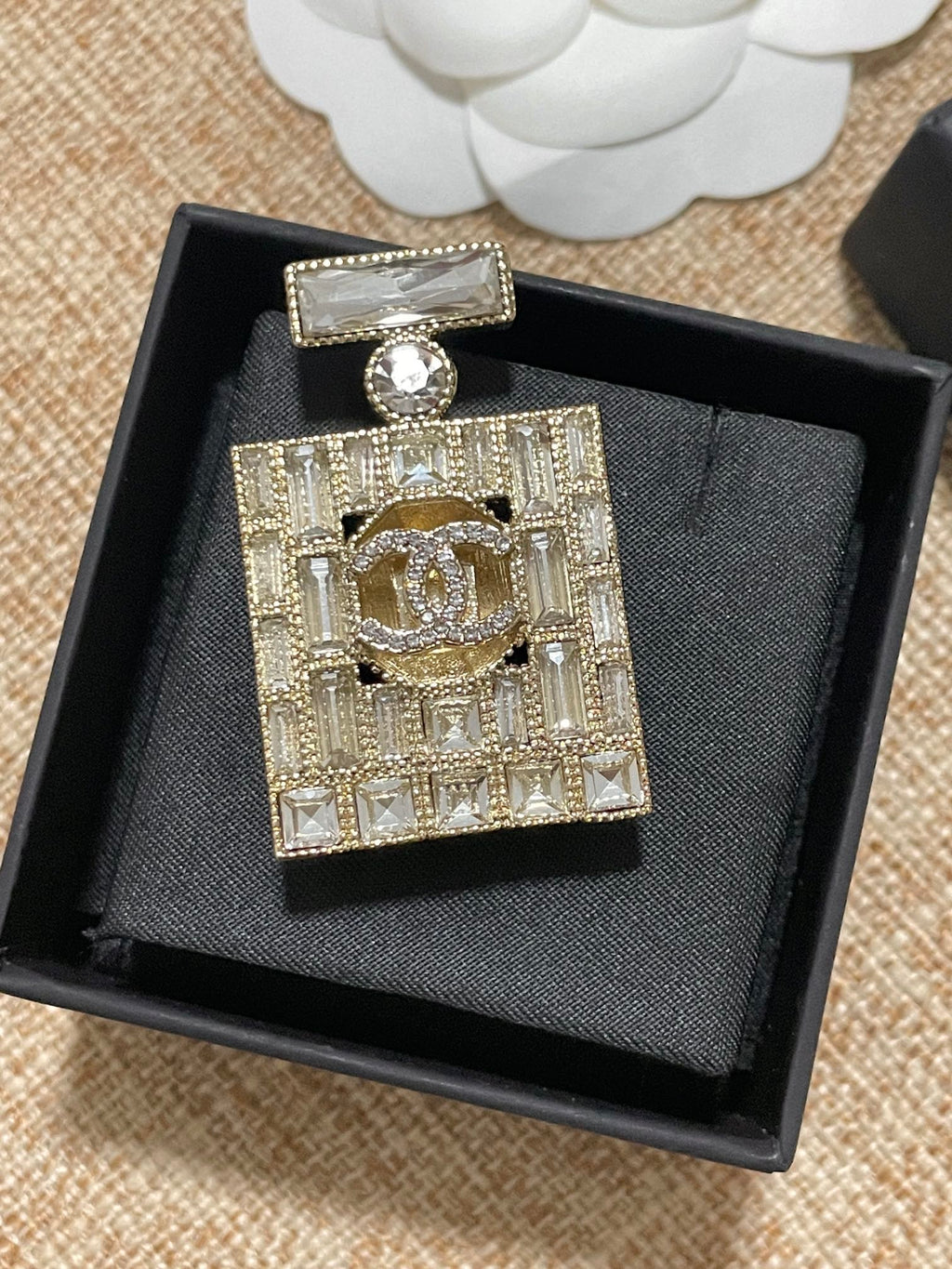 18K Chanel Perfume Bottle Crystals Brooch Yellow Gold-Colour Hardware