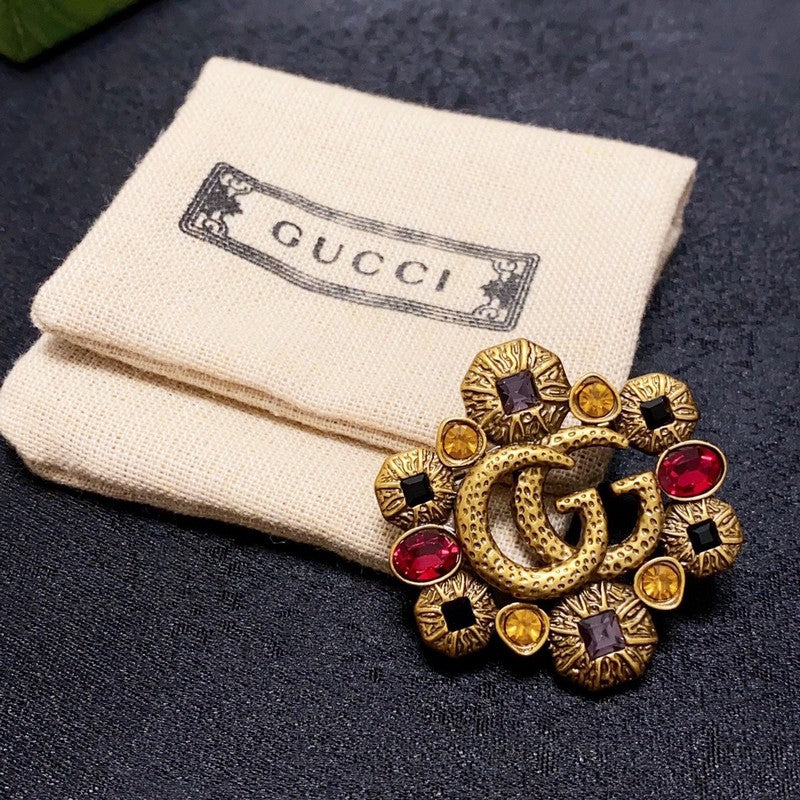 18K Double Gucci Flower Crystal Brooch Yellow Gold-Colour Hardware