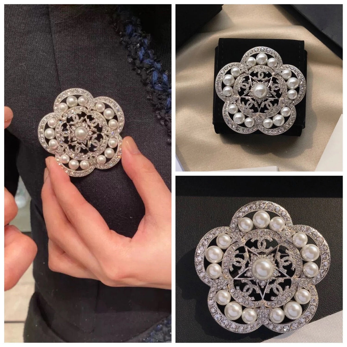 18K Chanel Camellia Pearls Brooch White Gold-Colour Hardware