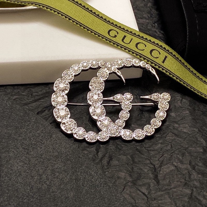 18K Double Gucci Crystal Brooch White Gold-Colour Hardware