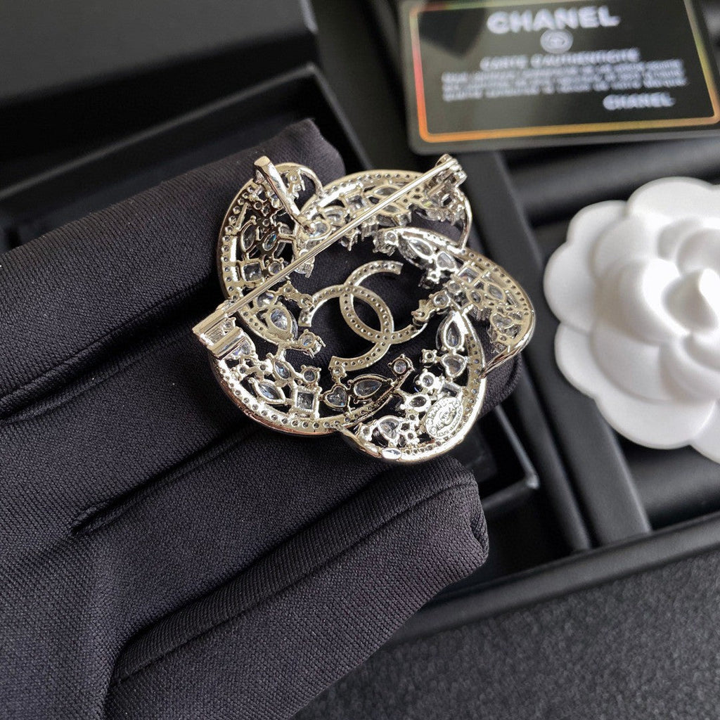 18K Chanel Camellia Crystals Brooch White Gold-Colour Hardware