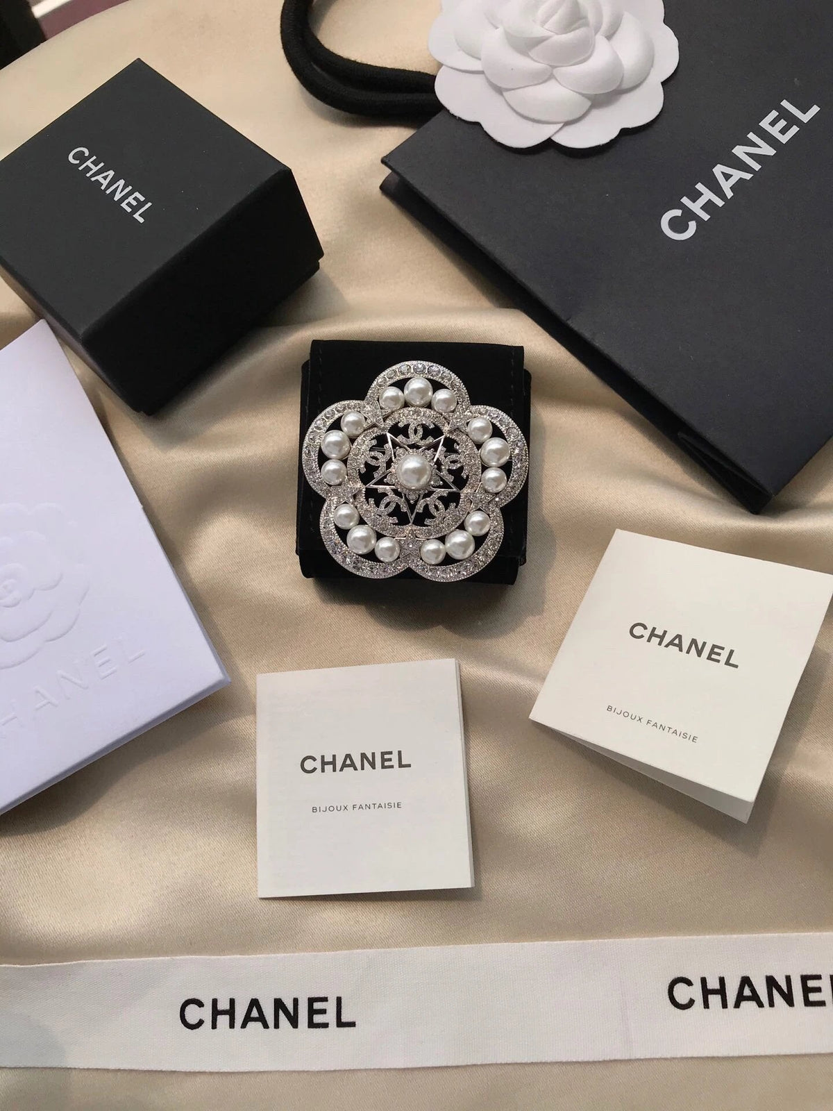 18K Chanel Camellia Pearls Brooch White Gold-Colour Hardware