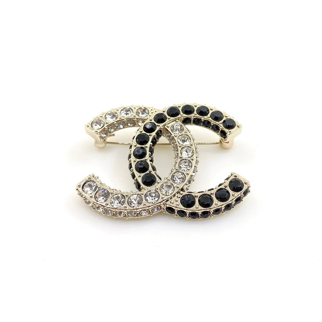 18K Chanel Black & White Crystals Brooch Yellow Gold Hardware