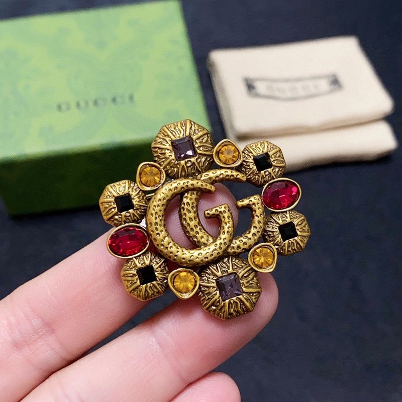18K Double Gucci Flower Crystal Brooch Yellow Gold-Colour Hardware