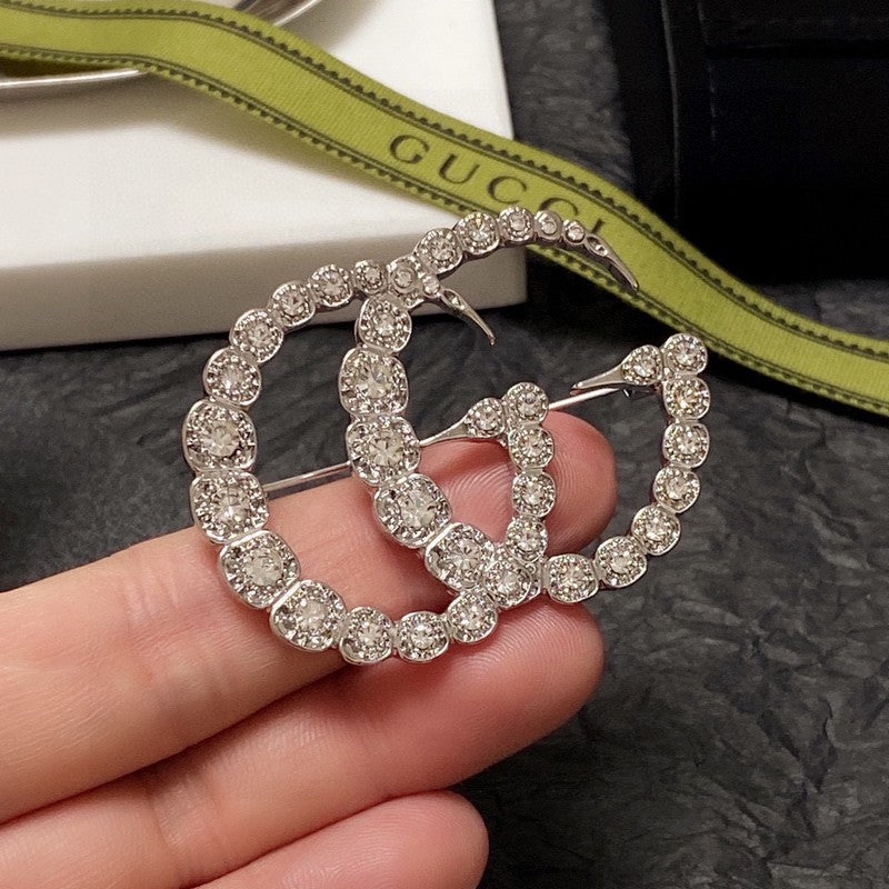 18K Double Gucci Crystal Brooch White Gold-Colour Hardware
