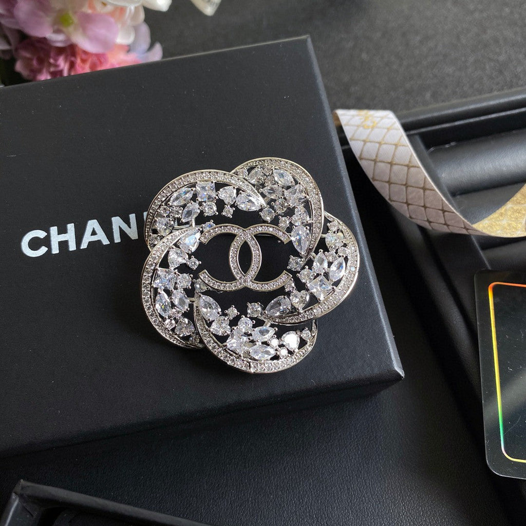 18K Chanel Camellia Crystals Brooch White Gold-Colour Hardware