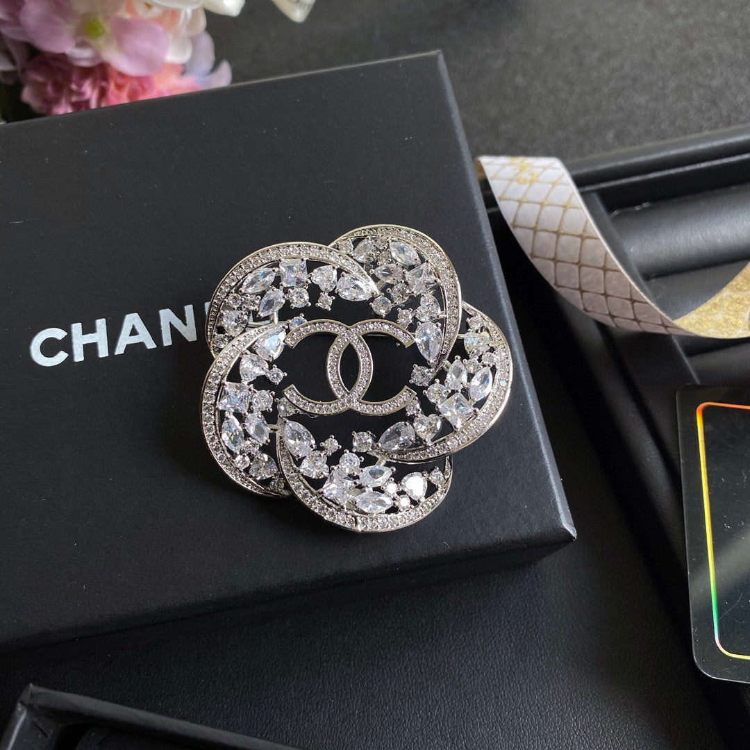 18K Chanel Camellia Crystals Brooch White Gold-Colour Hardware