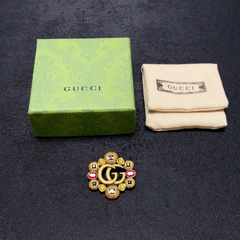 18K Double Gucci Flower Crystal Brooch Yellow Gold-Colour Hardware