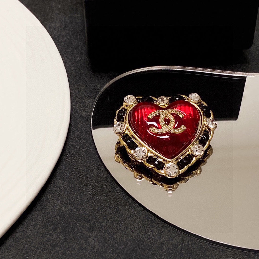 18K Chanel Red Crystal Heart Brooch Yellow Gold-Colour Hardware