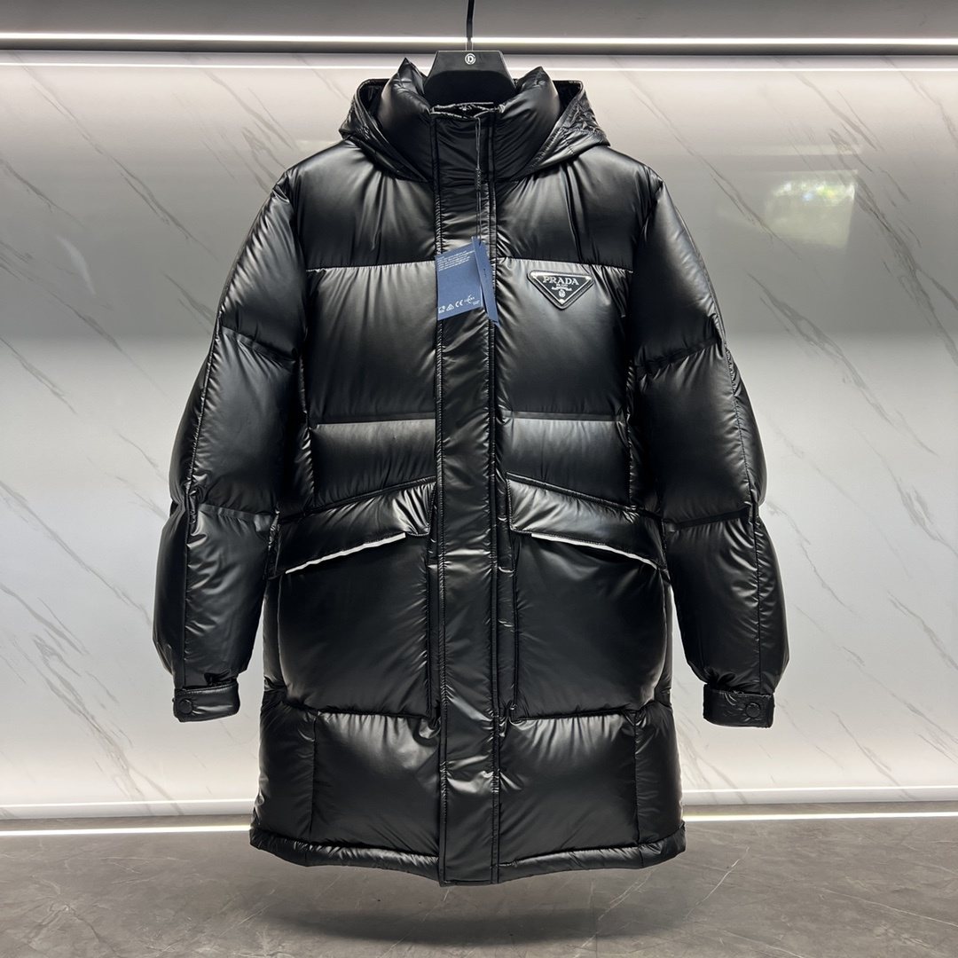 Prada Black Hooded Glossy Quilted Puffer Jacket